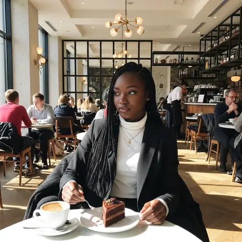 Elegant Black Girl Indulging in Decadent Chocolate Cake at Modern Cafe