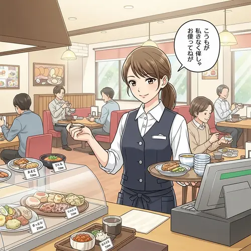 Japanese Woman Working in Family Restaurant: Illustration
