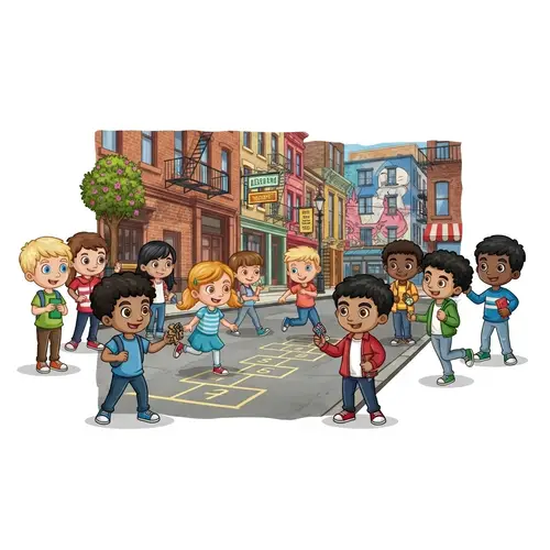 Diverse Group of Children Playing in Vibrant City Neighborhood