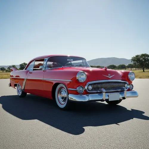 Classic Red Car on Sunny Road | Vintage 1950s Design