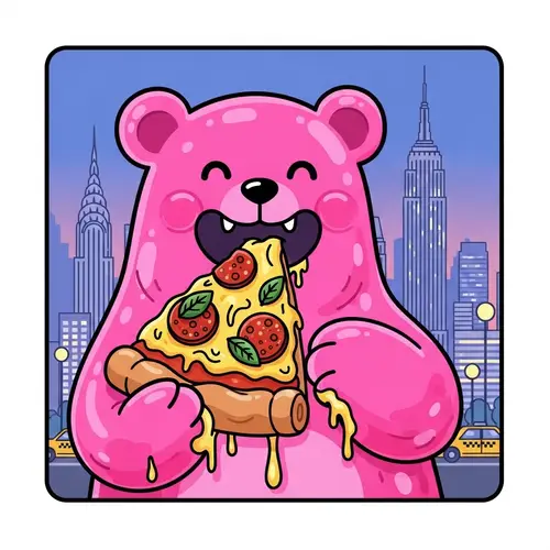 Pink Jelly Bear Eating Pizza Sticker in New York