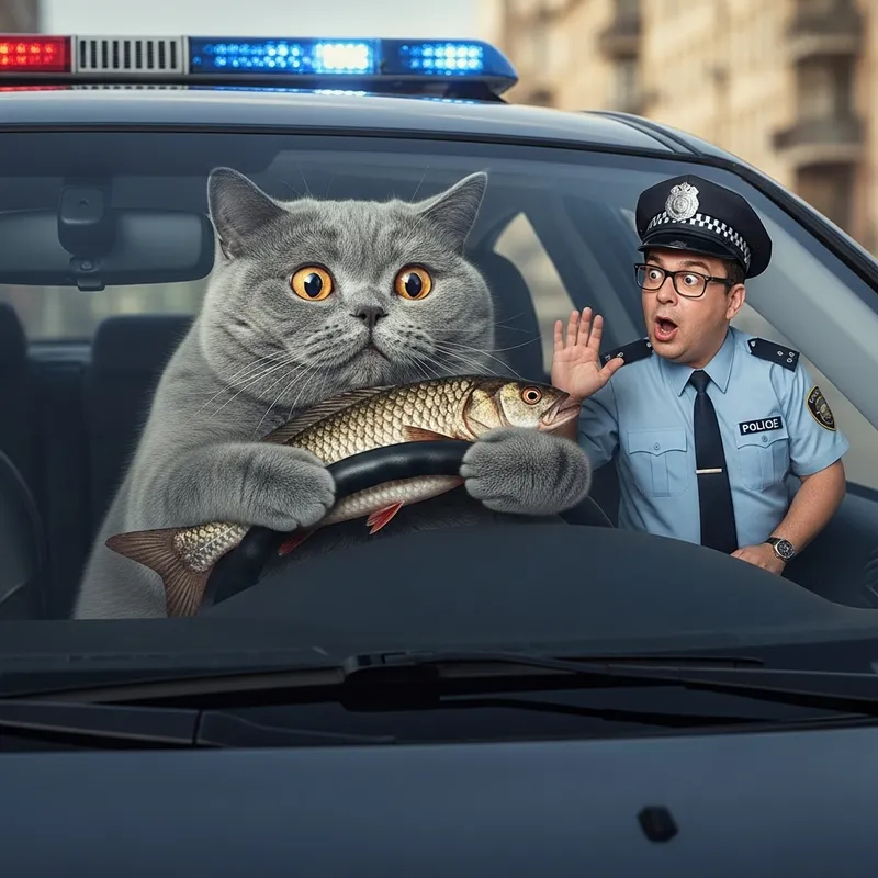 Fat British Cat Driving Car with Big Fish, Scared of Policeman