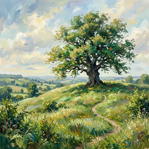 Tranquil Impressionist Oak Tree Landscape