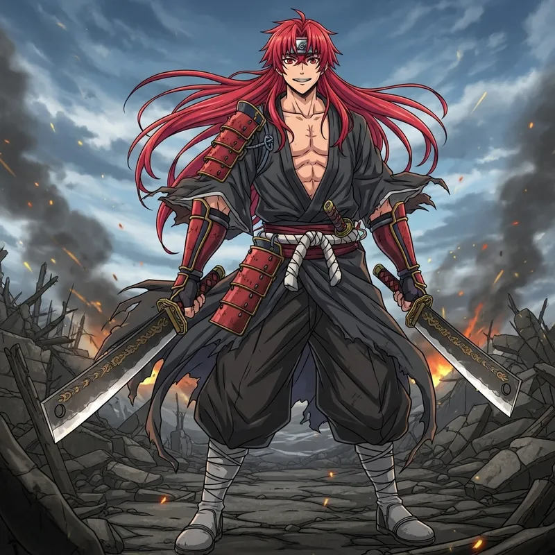 Powerful Red-Haired Anime Swordsman with Dual Cleavers