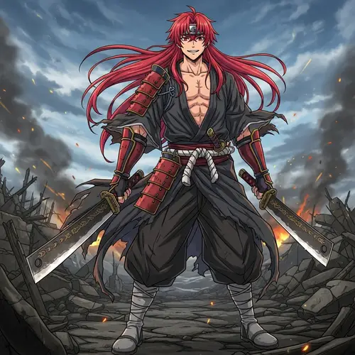 Fiery Red-Haired Anime Swordsman with Dual Cleavers