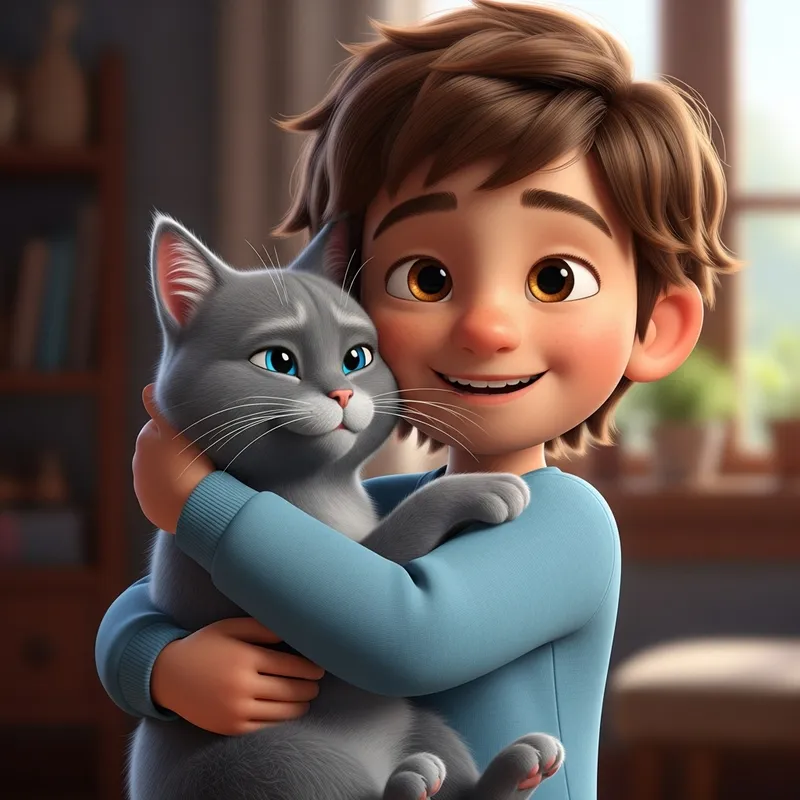 Heartwarming 3D Animation of Boy Embracing Grey Cat