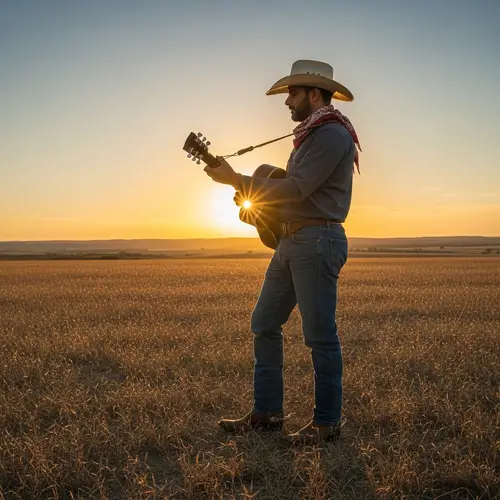 Tranquil Middle-Eastern Cowboy Playing Acoustic Guitar at Sunset