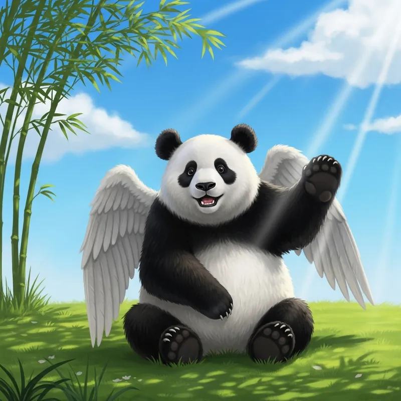 Winged Black and White Panda among Grass