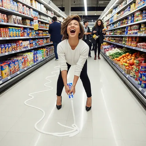 Asian Woman Playfully Squeezes Toothpaste in Supermarket