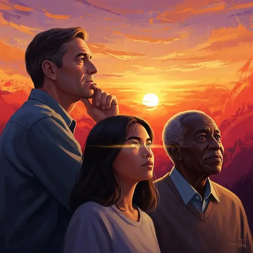 Tranquil Sunset Scene with Three Individuals