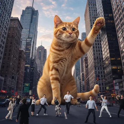 Adorable Giant Cat Playfully Swatting Skyscrapers in City