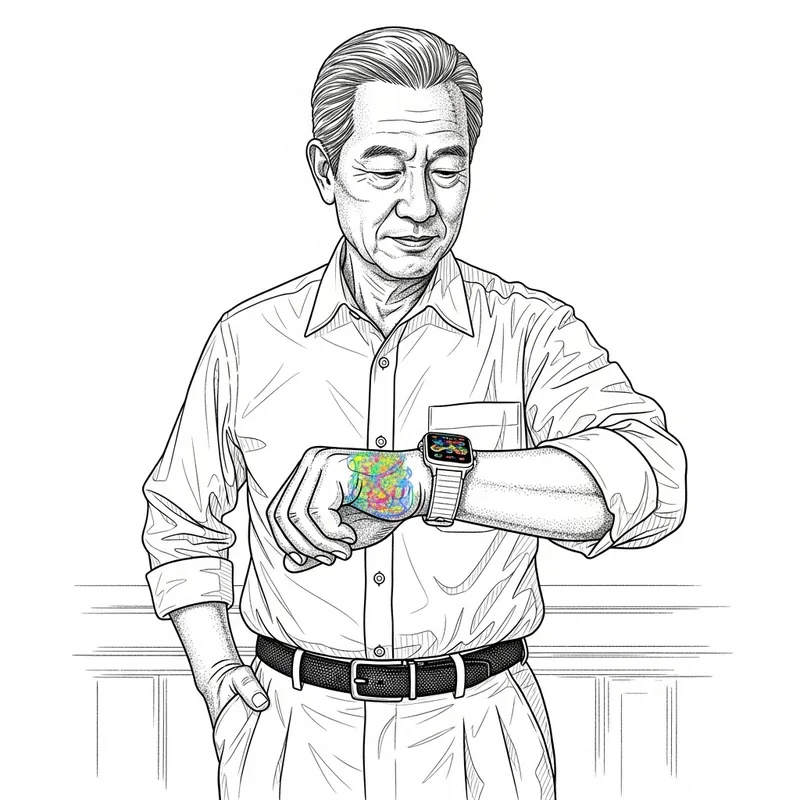 60-Year-Old Asian Male with Smartwatch - Line Art