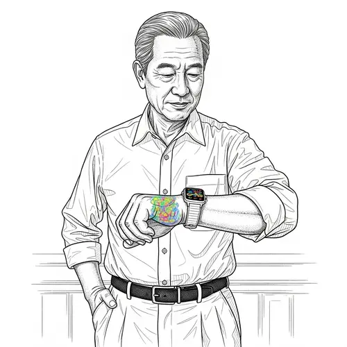 60-Year-Old Asian Male with Smartwatch - Line Art
