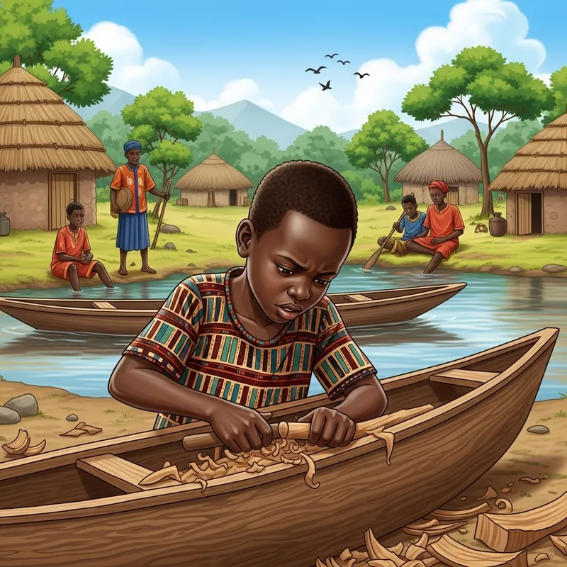 Serene Scene of African Child Crafting Wooden Canoe in Remote Village