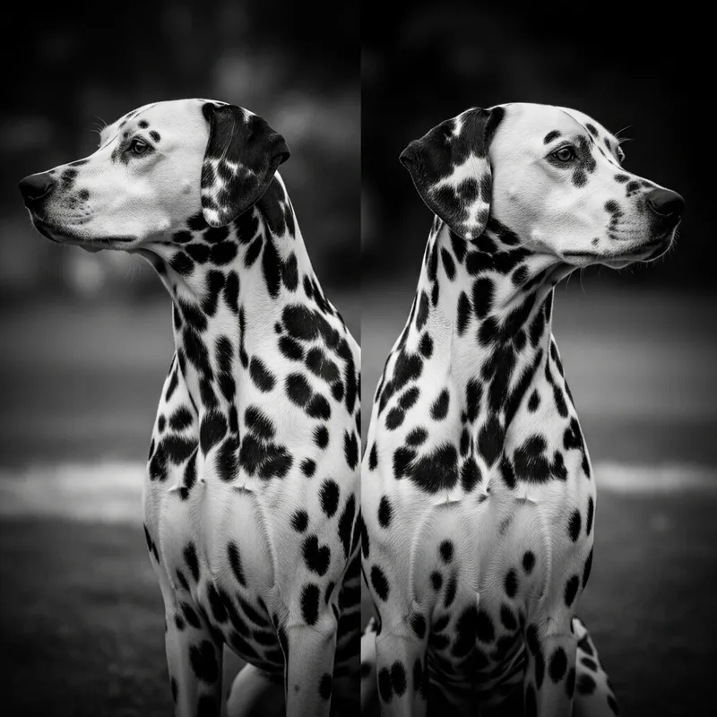 Detailed Black and White Photo of Two Dalmatians - Unique Dotted Coats