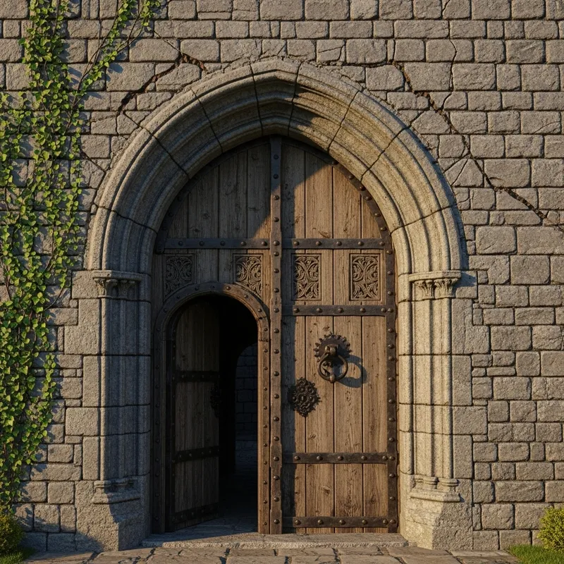 Old Wooden Door with Arch and Castle View