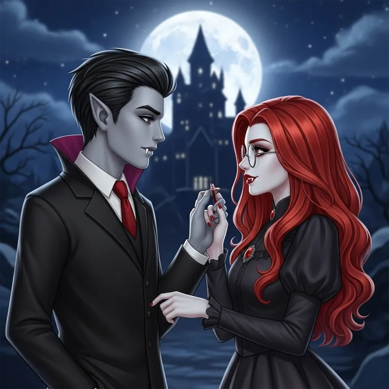 Vampire Boy and Red-Haired Girl in Love at Gothic Castle