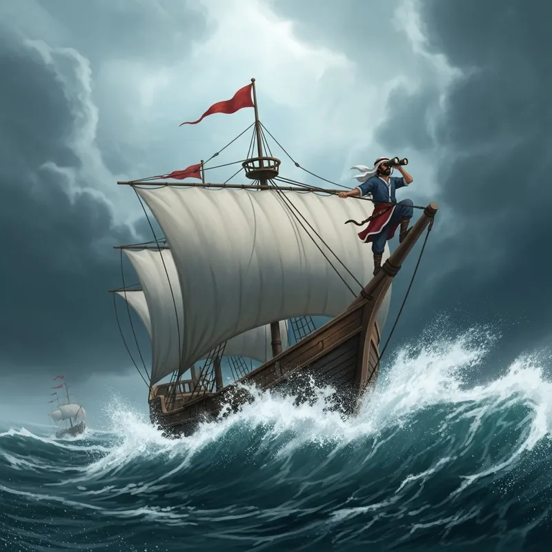 Vintage Ship on Stormy Sea with Lookout Using Binoculars