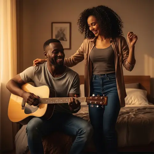 Heartwarming Couple Embracing in Cozy Bedroom Set