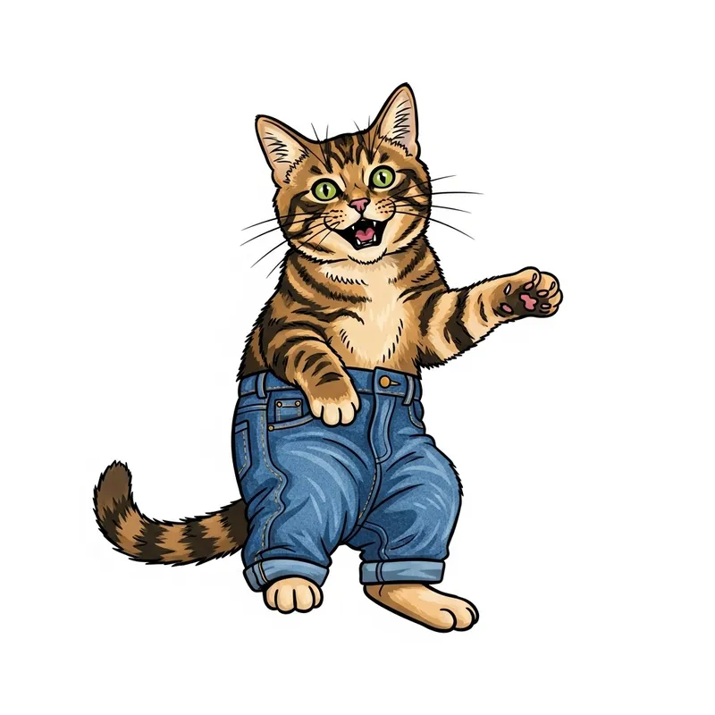 Playful Cat in True Religion Denim Jeans | Vibrant Whimsical Comic-Inspired Art Playful Cat in True Religion Denim Jeans | Vibrant Whimsical Comic-Inspired Art