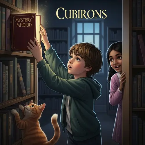 Curiosity Unveiled: Enchanting Library Scene with Children and Cat