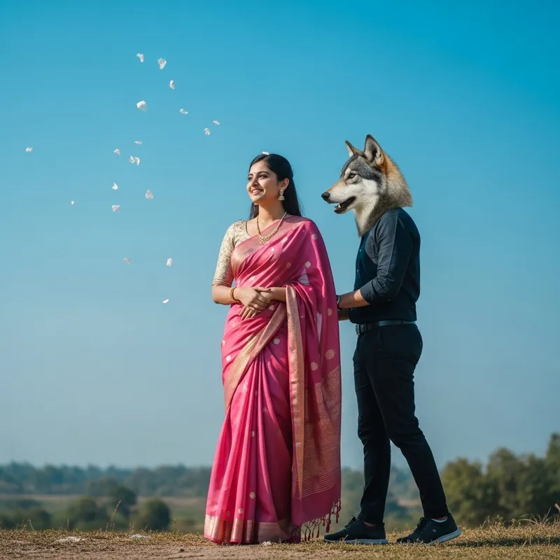 Serenely Beautiful South Asian Woman in Pink Saree with Enchanting Wolf Interaction