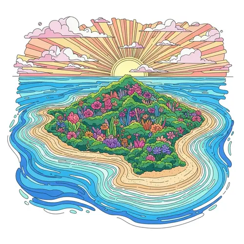 Vibrant Island Line Art: Colorful Tropical Paradise