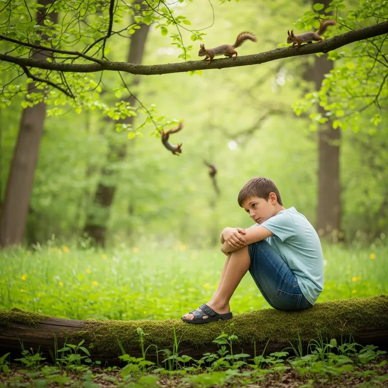 Lonely Boy in Peaceful Forest Setting Lonely Boy in Peaceful Forest Setting