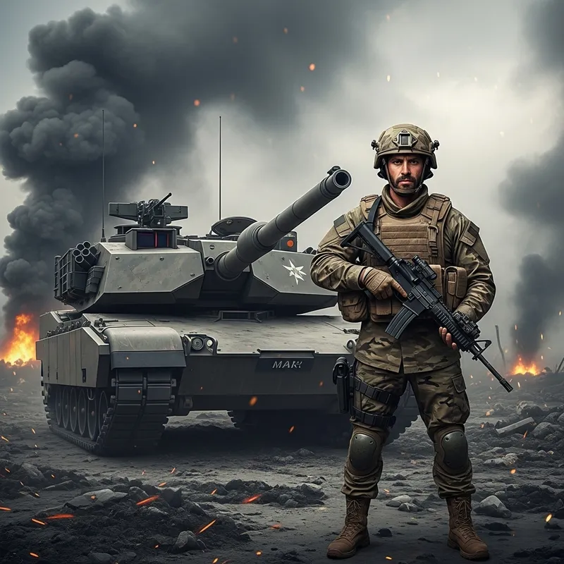 Mars: Roman God in Soldier Attire with Tank Amid War