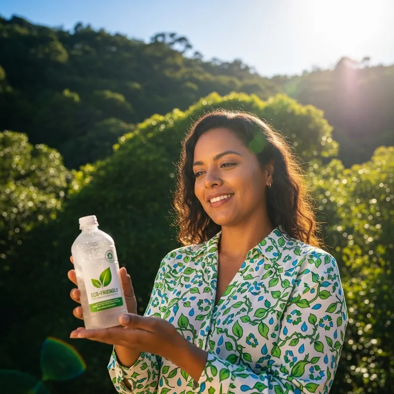 Happy Woman in Eco-friendly Apparel Enjoys Biodegradable Product in Natural Setting