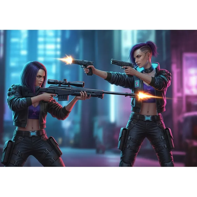 Cyberpunk Sniper Duel: Intense Battle Between Two Femme Fatales