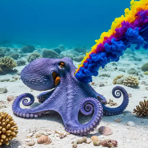 Vibrant Octopus Jetting Colorful Ink in White Sand