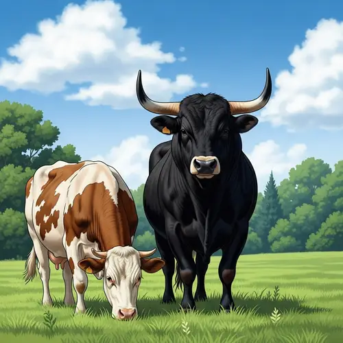 Majestic Bull and Gentle Cow in Nature Scene