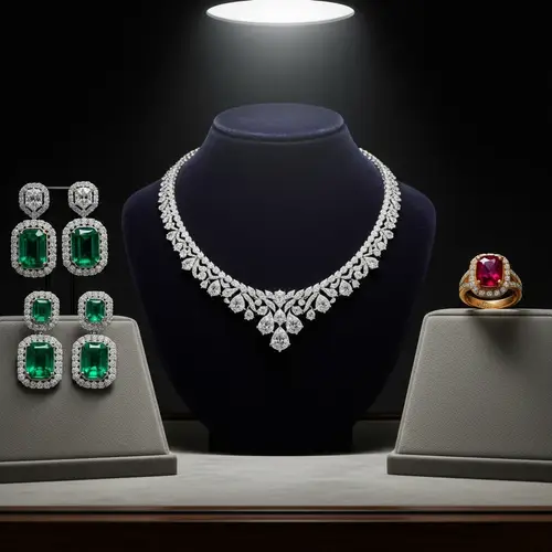 Exquisite Diamond Necklace, Emerald Earrings & Ruby Ring | Luxury Jewelry Display