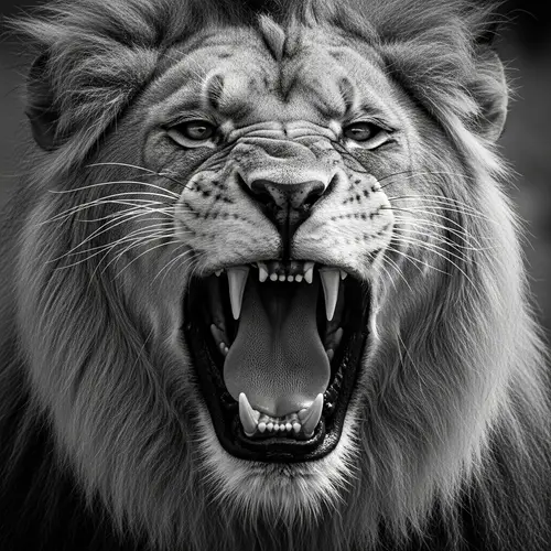 Intense Roaring Lion in High Contrast Black and White