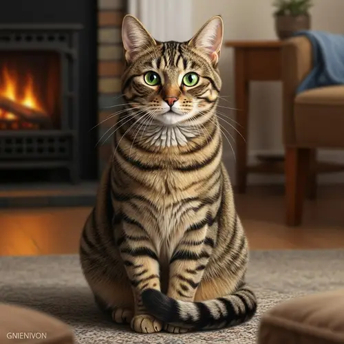 Striped Tabby Cat on Plush Rug with Bright Green Eyes