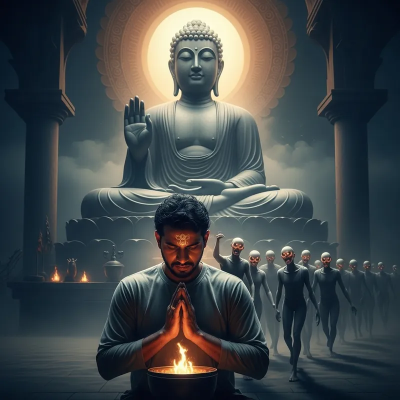 Spiritual Man with Buddha Statue and Ghosts in Meditation