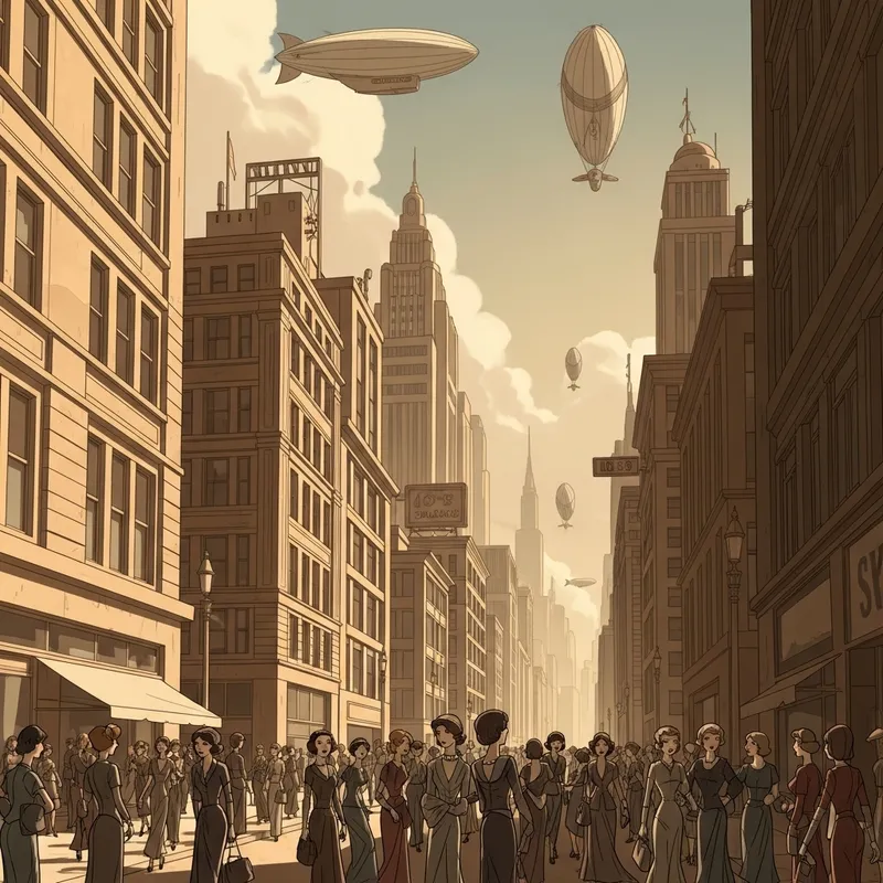 Elegant Urban Street with Vintage Charm & Airship Influence