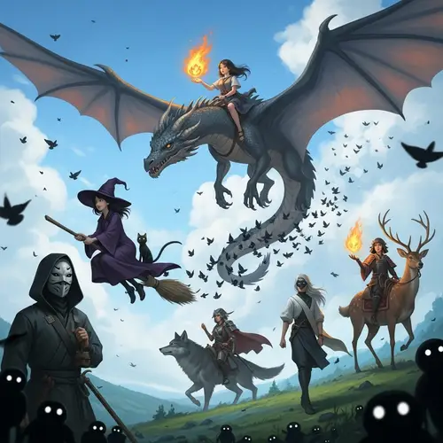 Fantasy Scene with Dragon, Witch, and Warrior