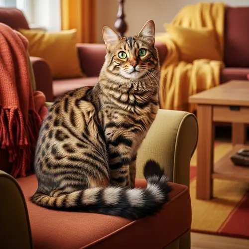 Fluffy Domestic Cat with Green Eyes on Cushioned Chair