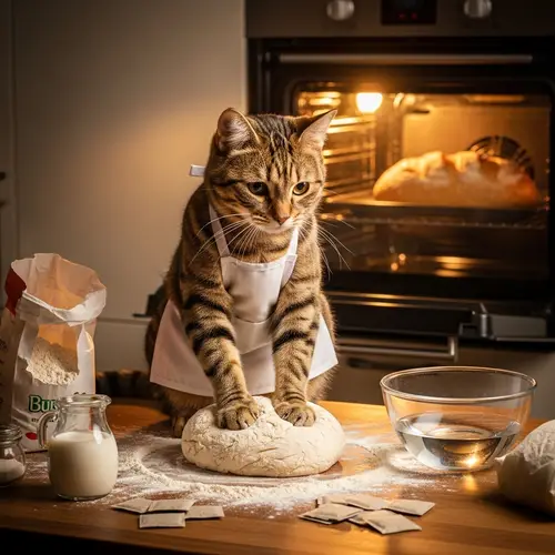 Cat Baking Loaf of Bread: Fluffy Paw Kneading Dough