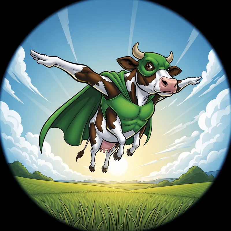 Superhero Cow Soaring Over Sunlit Field | Dynamic Comic Book Art in Vibrant Colors