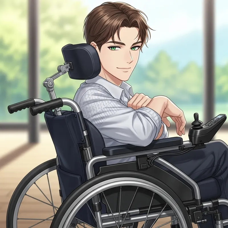 Young Caucasian Man with Sparkling Green Eyes in Modern Wheelchair
