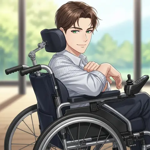 Young Man with Brown Hair and Green Eyes in Wheelchair