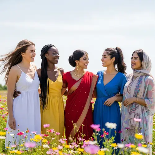 Diverse Group of Women Enjoying Sunny Day in Flower Field