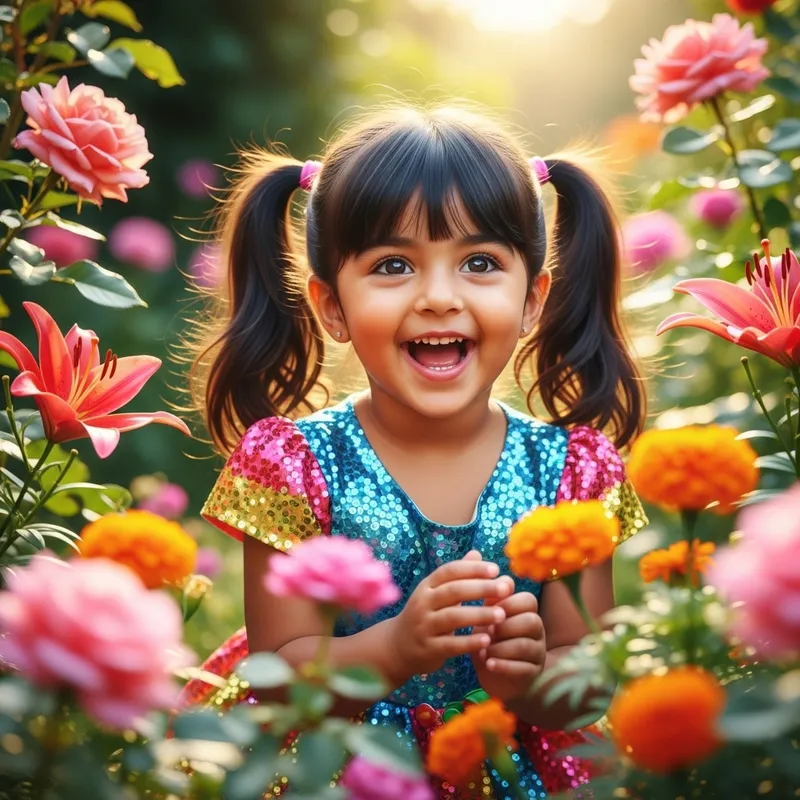 Radiant South Asian Girl in Sparkling Dress | Sun-filled Garden