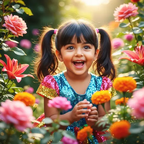 Radiant South Asian Girl in Sparkling Dress | Sun-filled Garden
