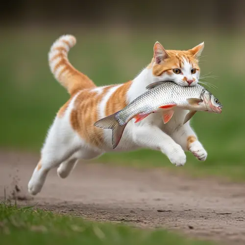 Playful Cat with Fish: Energetic Feline Running