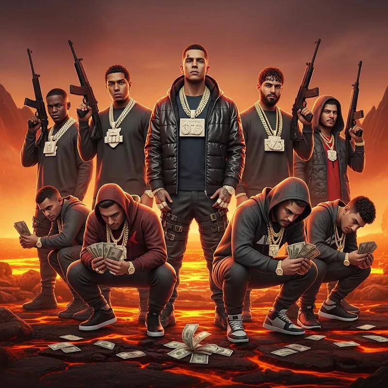 Futuristic Scene: 7 Figures with Weapons, Gold Chains, and Cash