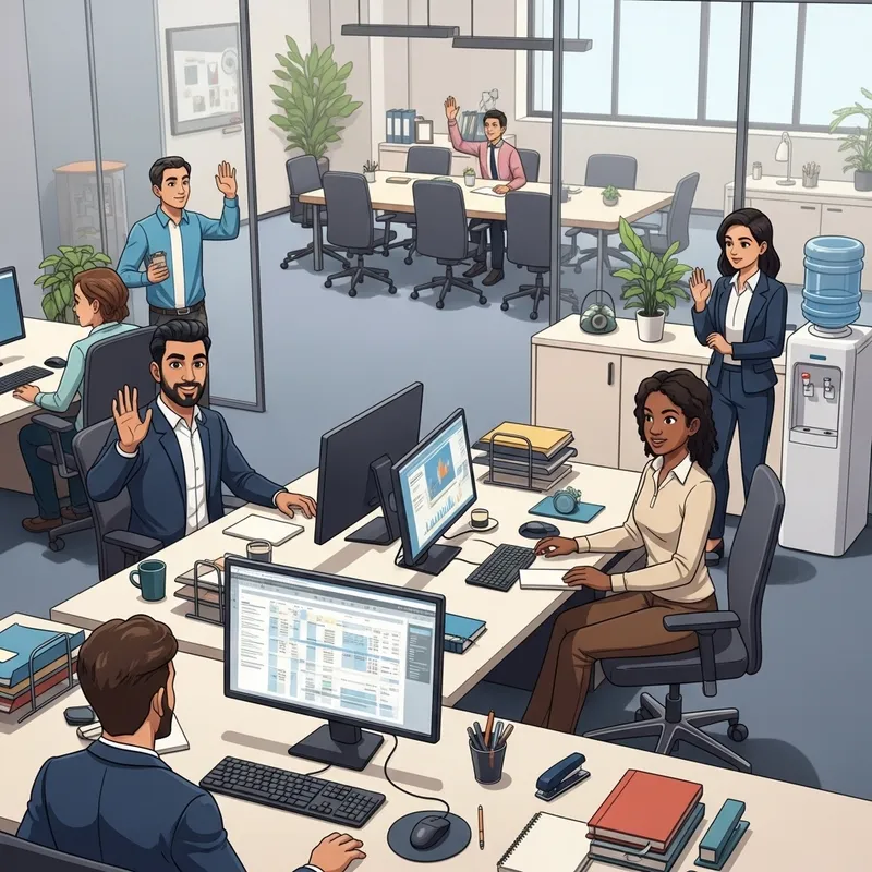 Animated Office Environment with Diverse Employees Greeting